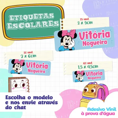 110 Etiquetas Adesivo Escolar em Vinil - Minnie Rosa e Azul