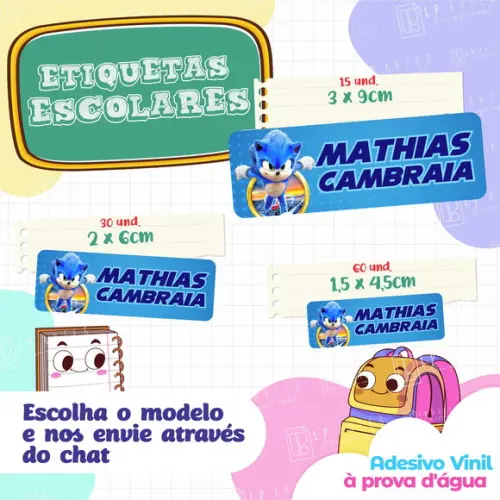 110 Etiquetas Adesivo Escolar em Vinil - Sonic