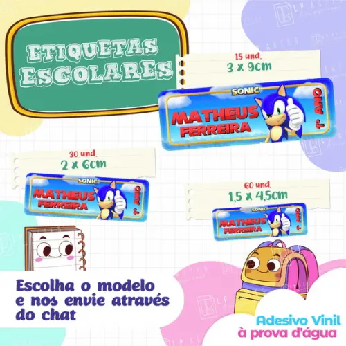 110 Etiquetas Adesivo Escolar em Vinil - Sonic