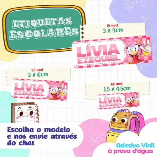 110 Etiquetas Adesivo Escolar em Vinil - Sonic Rosa Amy Rose