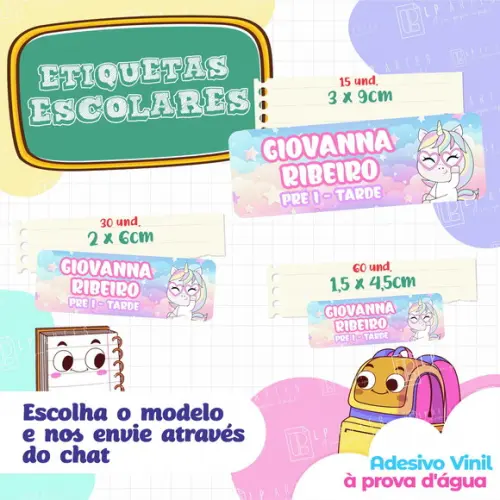 110 Etiquetas Adesivo Escolar em Vinil - Unicórnio