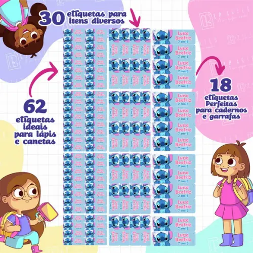110 Etiquetas Adesivo Escolar em Vinil - Stitch Azul