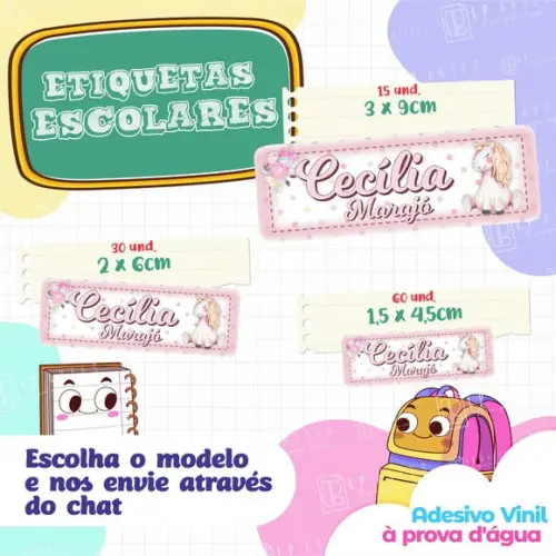 110 Etiquetas Adesivo Escolar em Vinil - Unicórnio