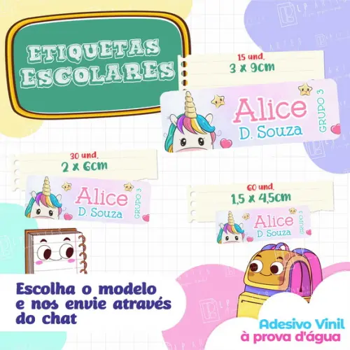 110 Etiquetas Adesivo Escolar em Vinil - Unicórnio