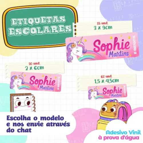 110 Etiquetas Adesivo Escolar em Vinil - Unicórnio