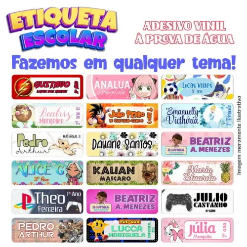 64 Etiquetas Adesivo Escolar Vinil para Lápis e Utensílios