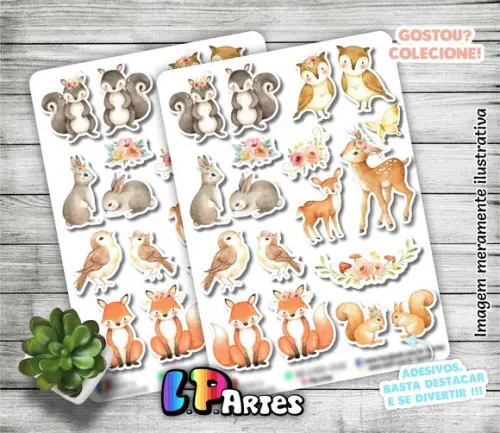 Cartela de Adesivos - Animais do Bosque Aquarelado