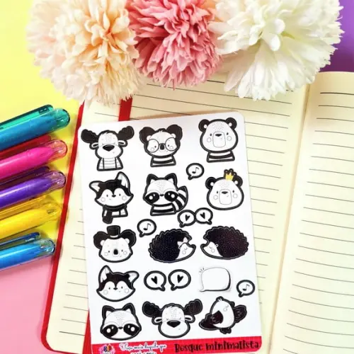 Cartela de Adesivos - Animais do Bosque Minimalista
