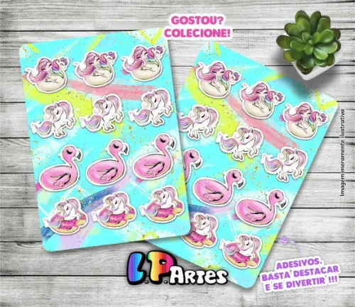Cartela de Adesivos - Unicórnios Pool Party