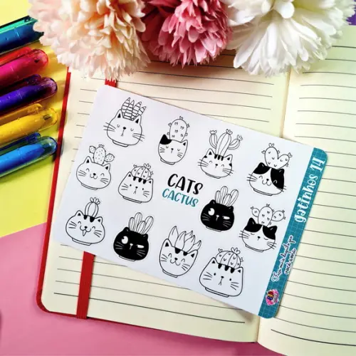 Cartela de Adesivos em Vinil - Gatinhos Cactos