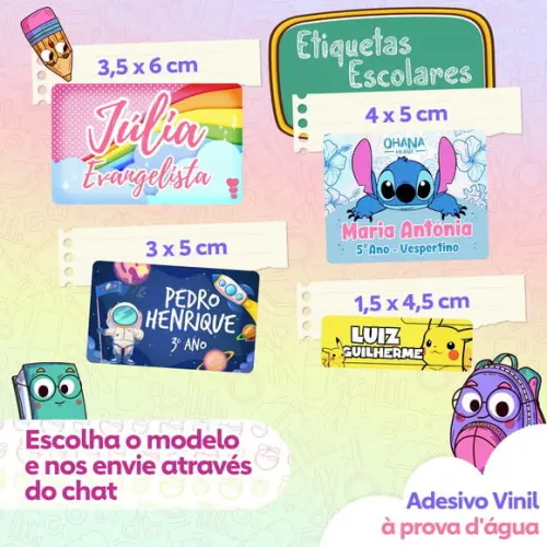 Kit Escolar Vários Temas e Tamanhos Adesivo Vinil à Prova de