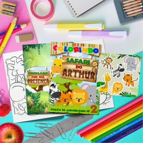 Kit Livrinho Colorir + Cartela Adesiva - Safari