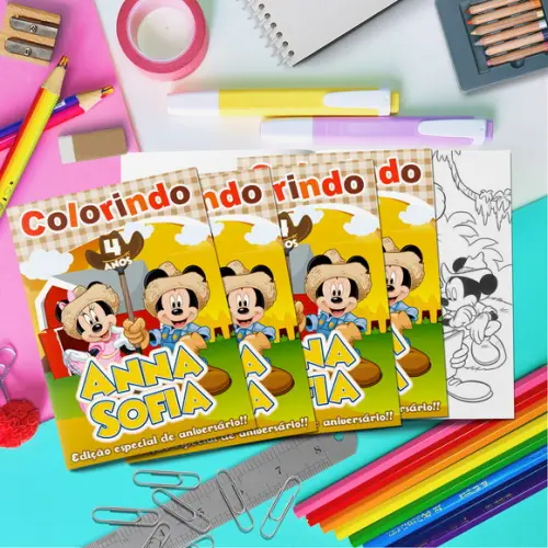 Livrinho Colorir + Cartela Adesiva Fazenda Mickey e Minnie