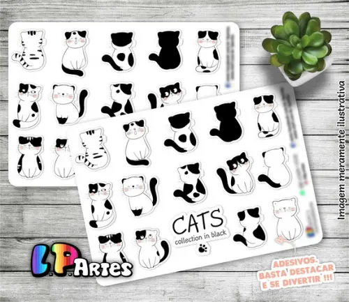 Stickers - Cartela de Adesivos - Gatinhos 4 - Preto e Branco