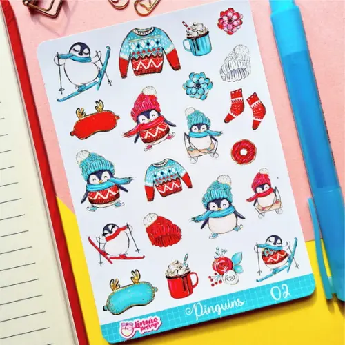 Stickers - Cartela de Adesivos - Pinguins Inverno