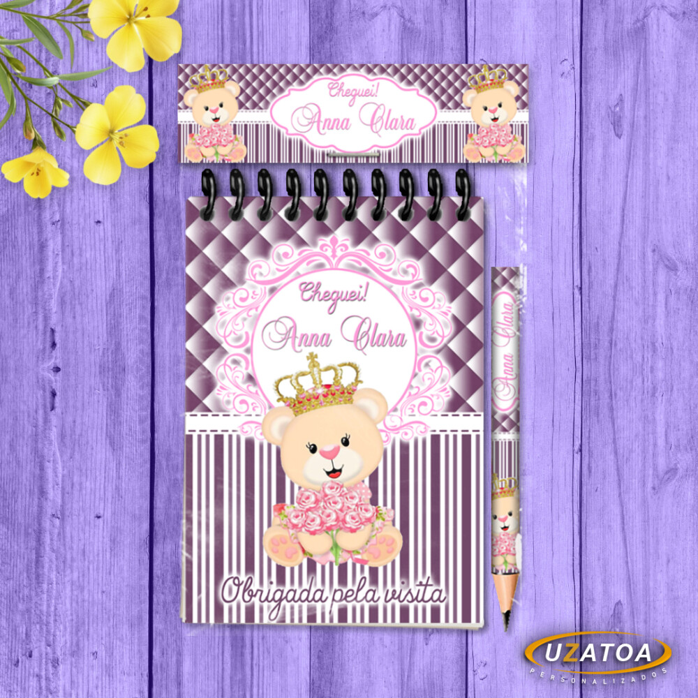 Lembrancinha Ursinha Princesa Com Mini Lápis - Bloco Personaliza