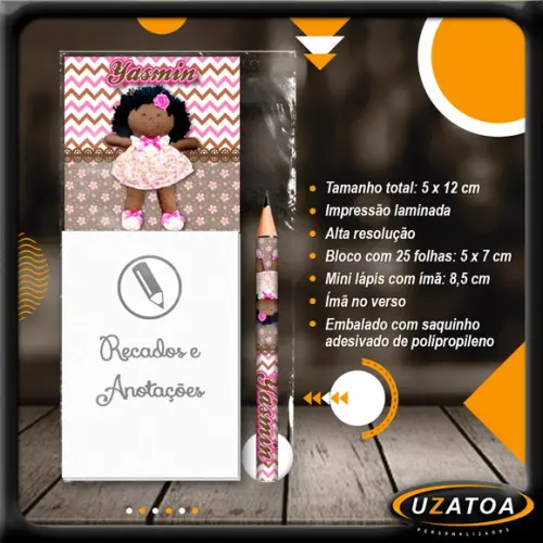 Bloco Personalizado com Ímã e Mini Lápis - Boneca de Pano