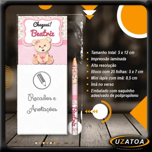 Bloco Personalizado com Ímã e Mini Lápis - Ursinha
