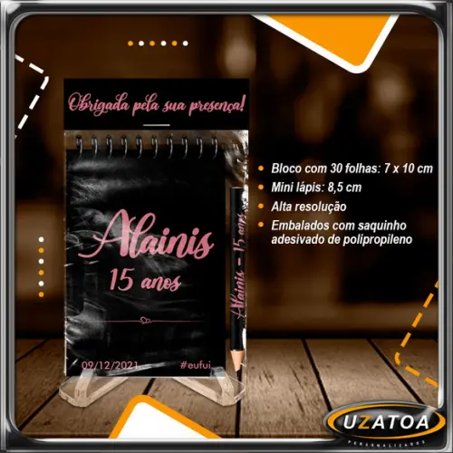 Bloco Personalizado com Lapela e Mini Lápis - 15 Anos
