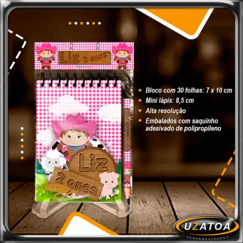Bloco Personalizado com Lapela e Mini Lápis - Fazendinha