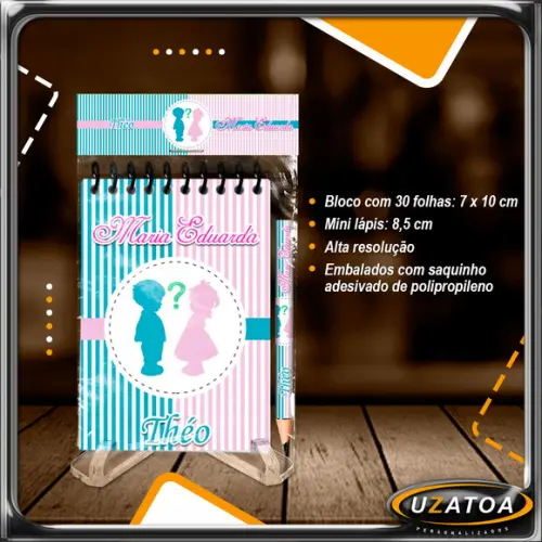Bloco Personalizado com Mini Lápis - Chá de Revelação