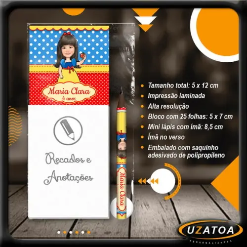 Bloco Personalizado com Ímã e Mini Lápis - Branca de Neve