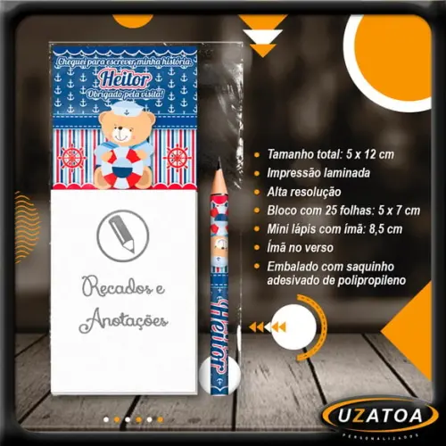 Bloco Personalizado com Ímã e Mini Lápis - Urso Marinheiro