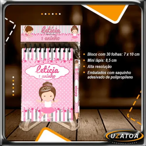Bloco Personalizado com Lapela e Mini Lápis - Bailarina