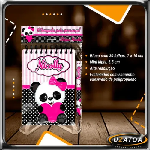 Bloco Personalizado com Lapela e Mini Lápis - Ursa Panda