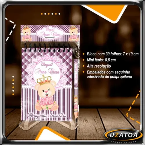 Bloco Personalizado com Lapela e Mini Lápis - Ursinha