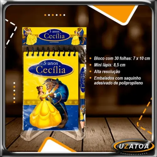 Bloco Personalizado com Lapela e Mini Lápis - A Bela e a Fera