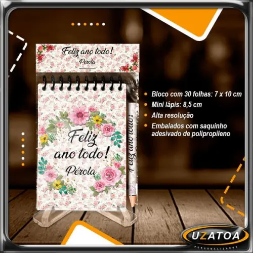 Bloco Personalizado com Lapela e Mini Lápis - Floral
