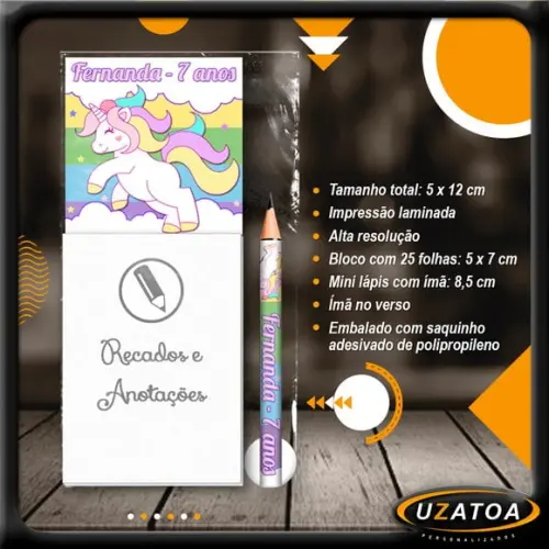 Bloco Personalizado com Ímã e Mini Lápis - Unicórnio