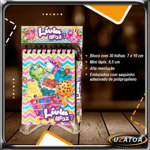 Bloco Personalizado com Lapela e Mini Lápis - Shopkins