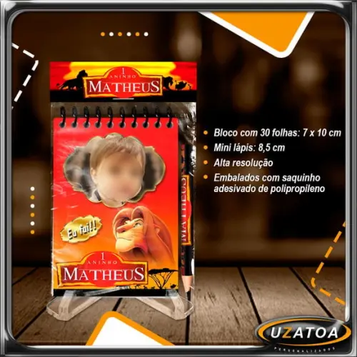 Bloco Personalizado com Lapela e Mini Lápis - Rei Leão