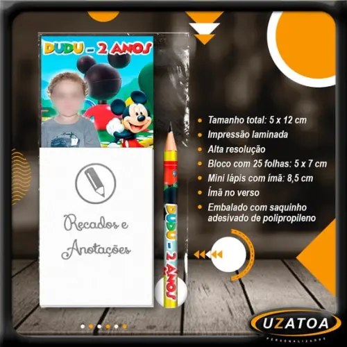 Bloco Personalizado com Ímã e Mini Lápis - Casa do Mickey