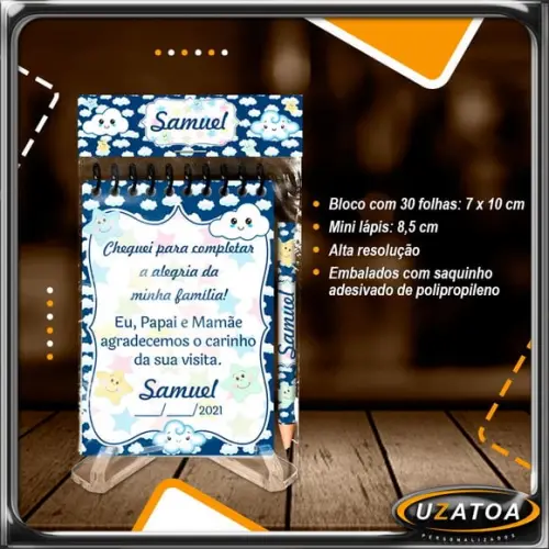 Bloco Personalizado com Lapela e Mini Lápis - Nuvens