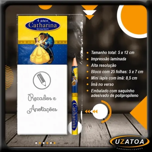 Bloco Personalizado com Ímã e Mini Lápis - a Bela e a Fera