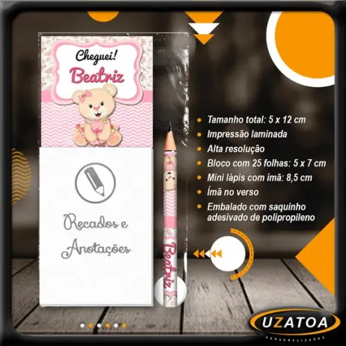 Bloco Personalizado com Ímã e Mini Lápis - Ursinha