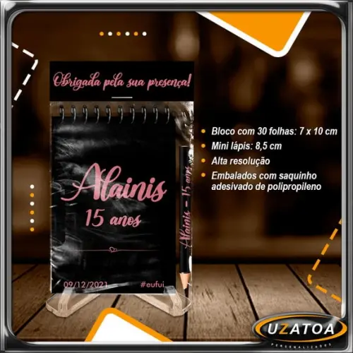 Bloco Personalizado com Lapela e Mini Lápis - 15 Anos