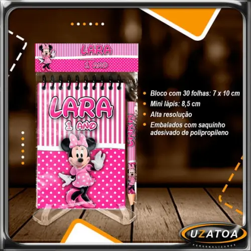 Bloco Personalizado com Lapela e Mini Lápis - Minnie Rosa
