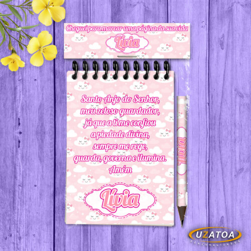 Lembrancinha Nuvem Rosa Com Mini Lápis - Bloco Personalizado Menina Chuva de Amor
