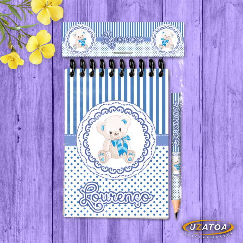 Lembrancinha Ursinho Com Mini Lápis - Bloco Personalizado Festa Infantil Menino
