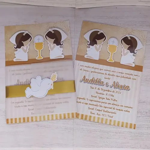 Convite Primeira Comunhao Gemeas Dourado