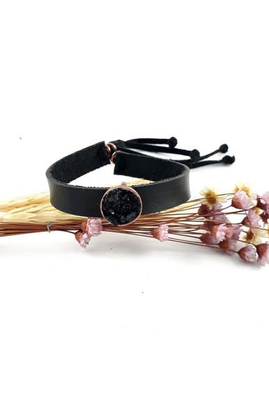 Pulseira de couro com Cobre e Turmalina Negra