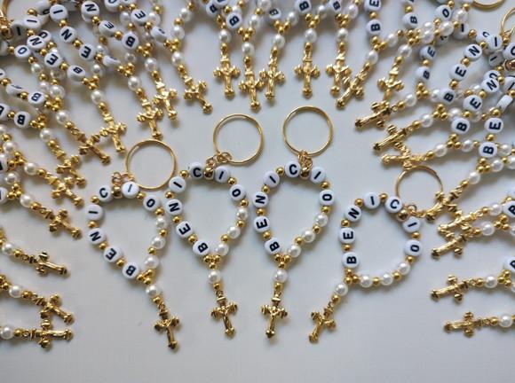 Mini Terço Chaveiro Personalizado Cruz Dourada
