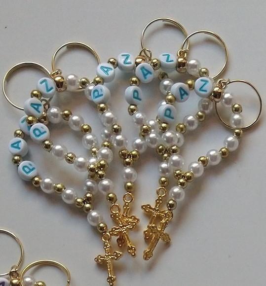 Mini Terço Chaveiro Letra Azul e Cruz Dourada