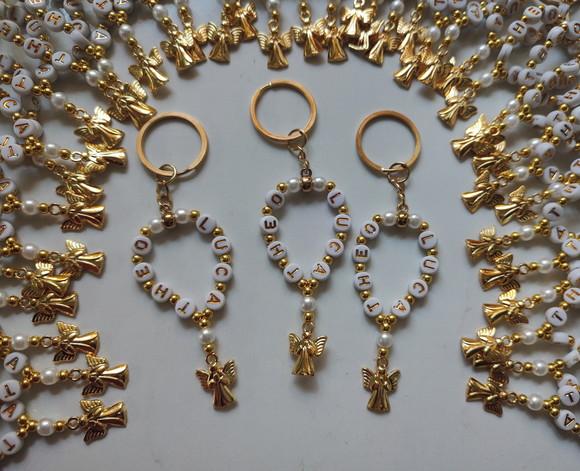 Mini Terço Chaveiro Personalizado Anjo Dourado