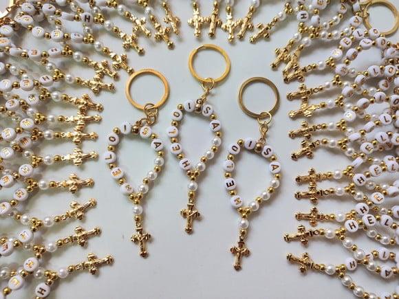 40 Mini Terço Chaveiro Personalizado Dourado