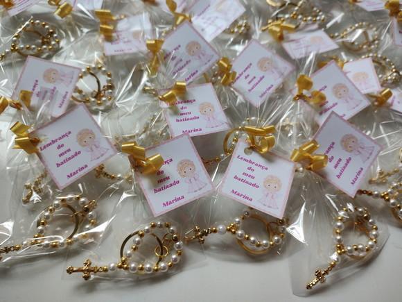 Mini Terço Chaveiro Dourado com Tag